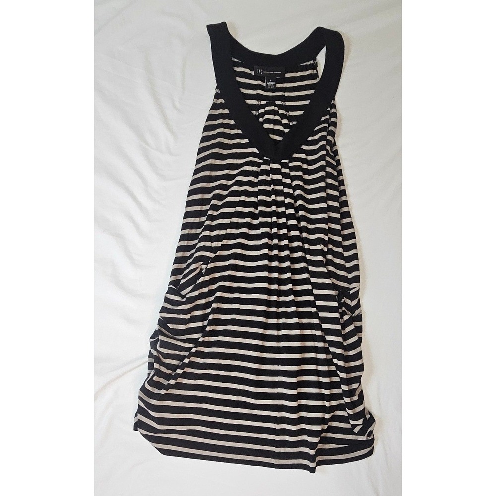 INC International Concepts Women Black Tan Striped V-Neck Tunic Top Sleeveless S